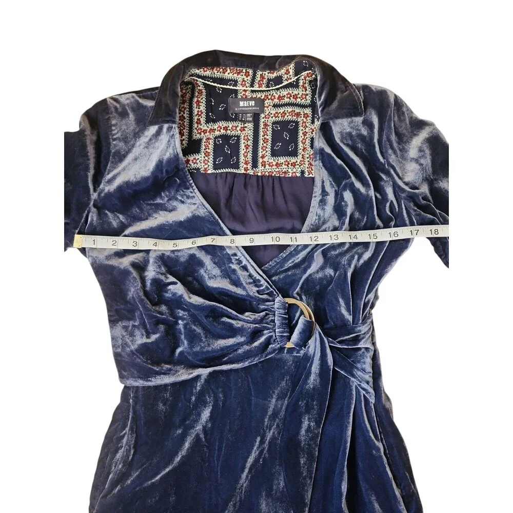 Maeve For Anthropologie Faux Wrap Mini Dress Womens Size 4  Navy Velvet Roll Tab